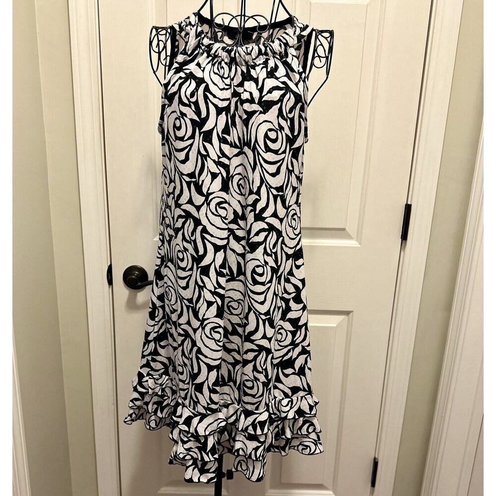MSKโ Women Black White Rose Sleeveless Ruffle Dress Sequin Sz 12 Cruise Party